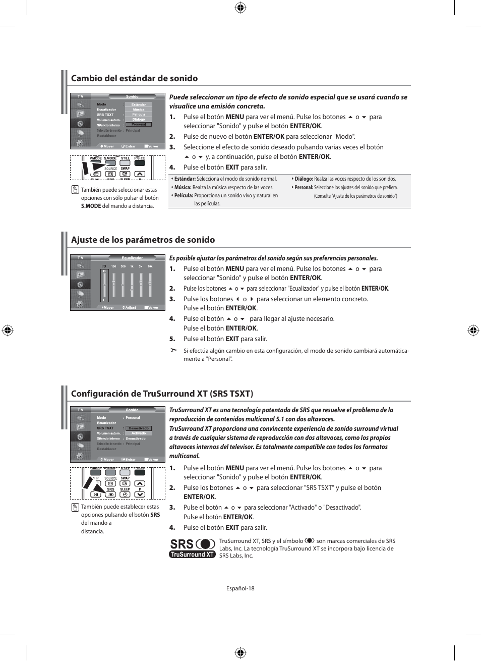 Cambio del estándar de sonido, Ajuste de los parámetros de sonido, Configuración de trusurround xt (srs tsxt) | Samsung LE40M91B User Manual | Page 200 / 320