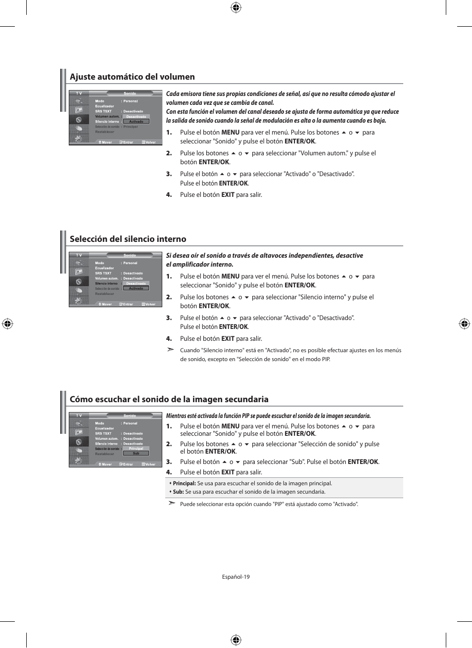 Ajuste automático del volumen, Selección del silencio interno, Cómo escuchar el sonido de la imagen secundaria | Samsung LE40M91B User Manual | Page 201 / 320