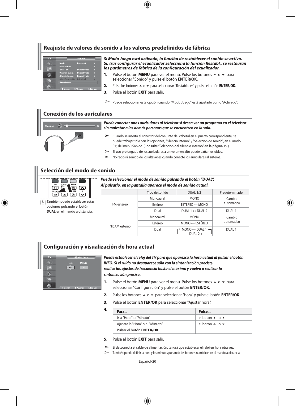 Conexión de los auriculares, Selección del modo de sonido | Samsung LE40M91B User Manual | Page 202 / 320