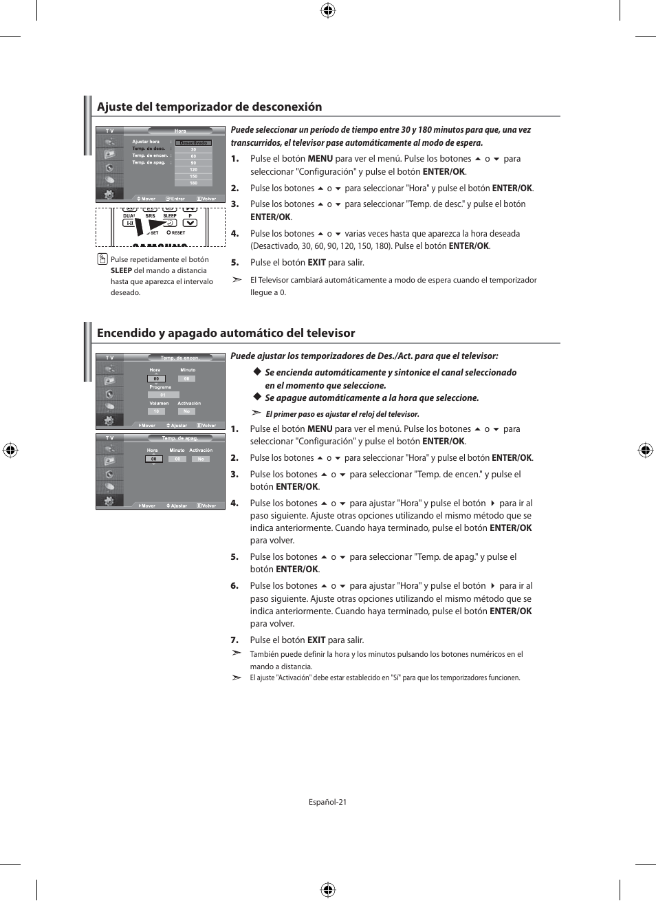 Ajuste del temporizador de desconexión, Encendido y apagado automático del televisor | Samsung LE40M91B User Manual | Page 203 / 320