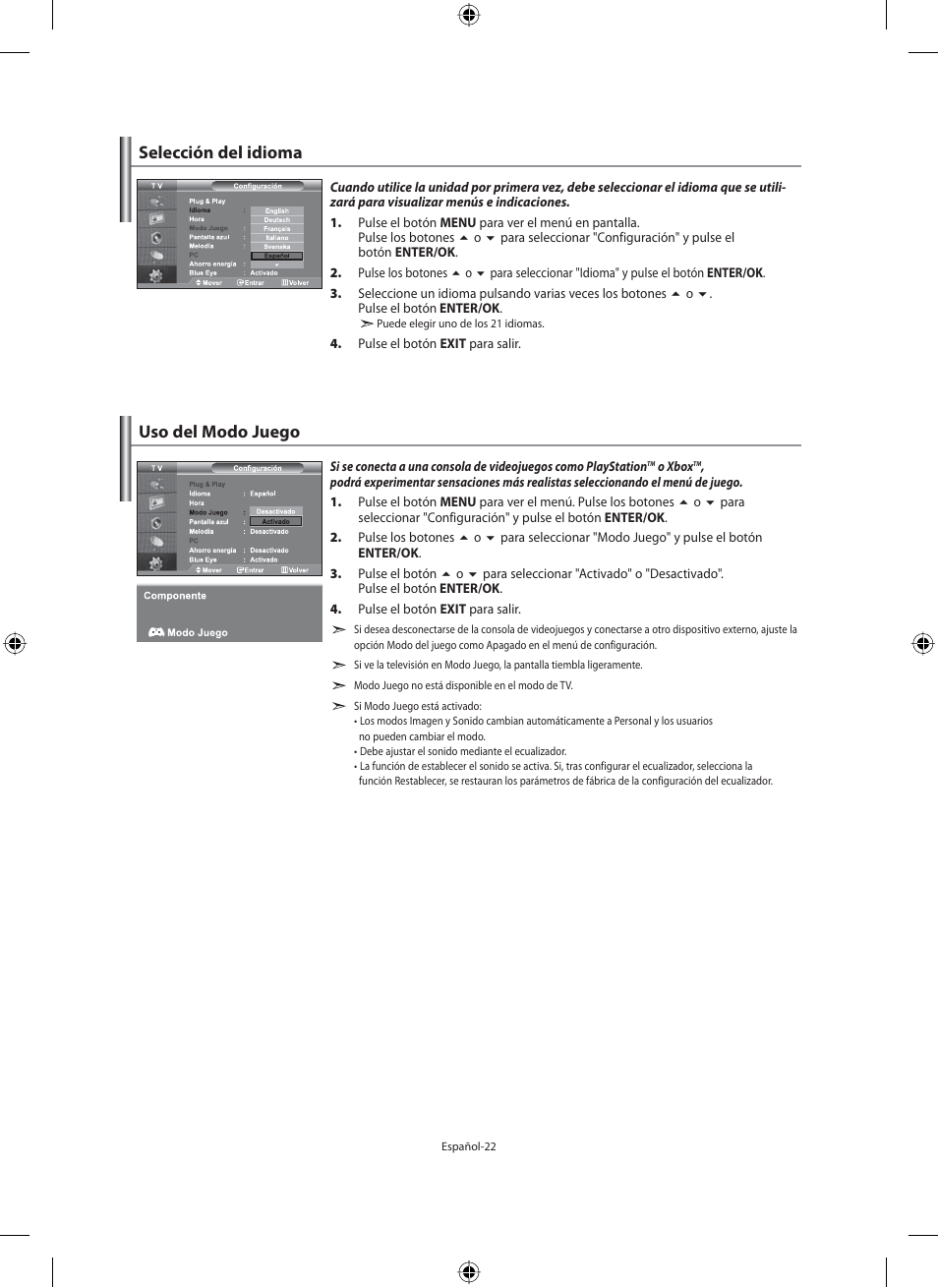 Selección del idioma, Uso del modo juego | Samsung LE40M91B User Manual | Page 204 / 320