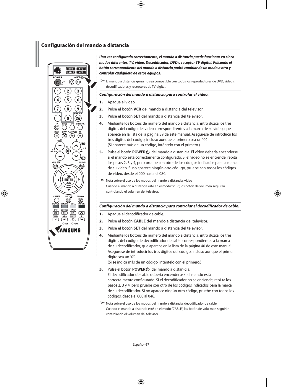 Configuración del mando a distancia | Samsung LE40M91B User Manual | Page 219 / 320