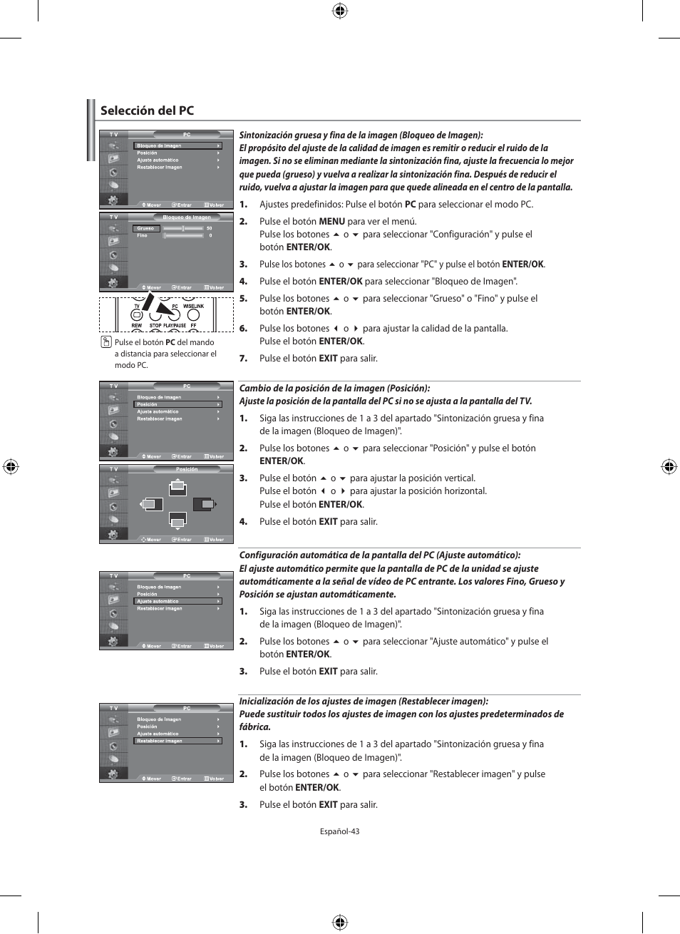 Selección del pc | Samsung LE40M91B User Manual | Page 225 / 320