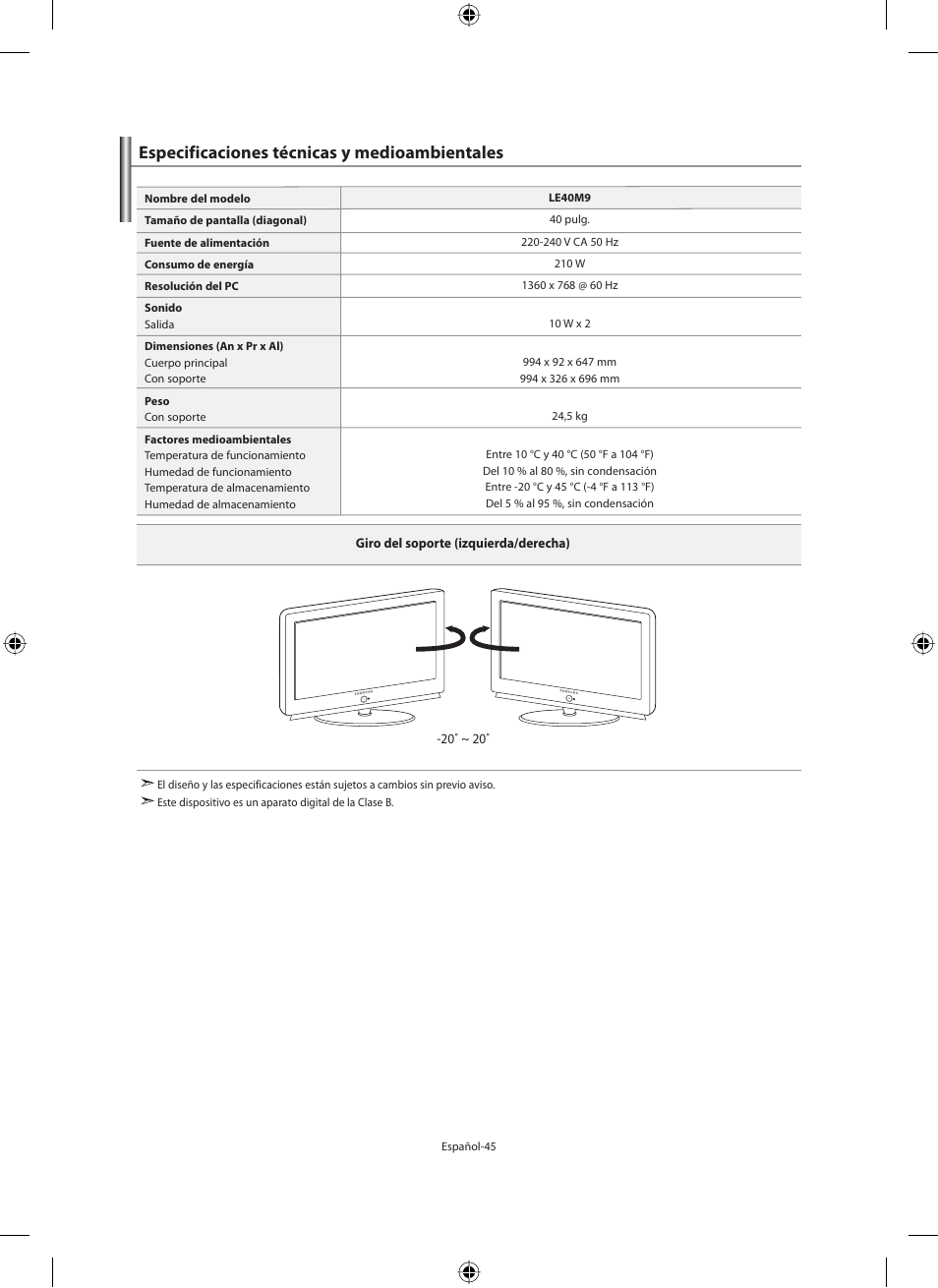 Especificaciones técnicas y medioambientales | Samsung LE40M91B User Manual | Page 227 / 320