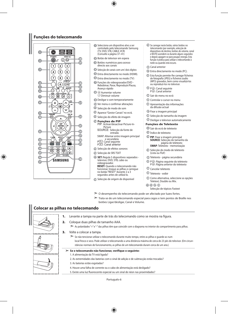 Colocar as pilhas no telecomando, Funções do telecomando | Samsung LE40M91B User Manual | Page 233 / 320