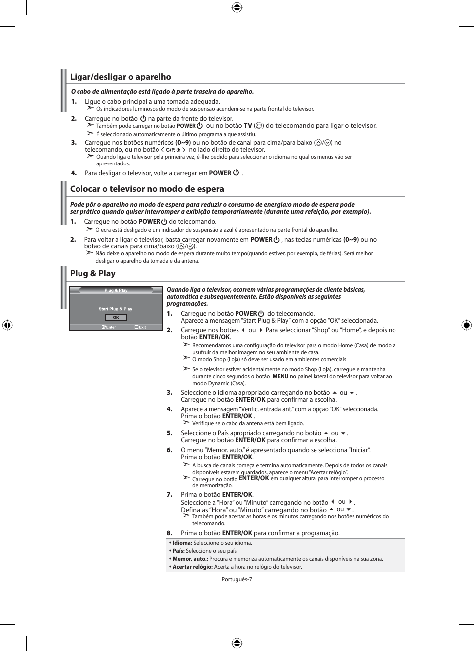 Ligar/desligar o aparelho, Colocar o televisor no modo de espera, Plug & play | Samsung LE40M91B User Manual | Page 234 / 320