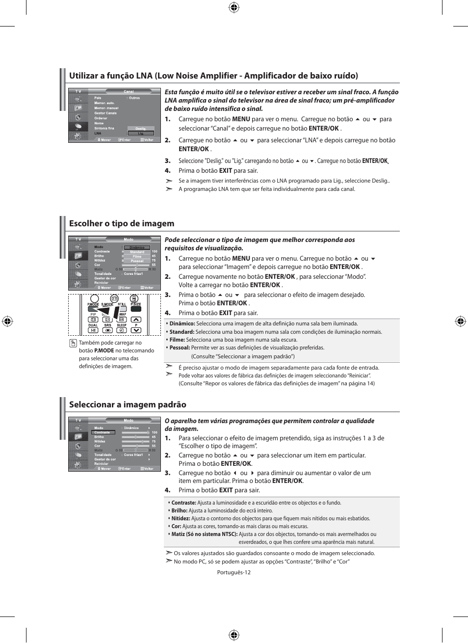Escolher o tipo de imagem, Seleccionar a imagem padrão | Samsung LE40M91B User Manual | Page 239 / 320