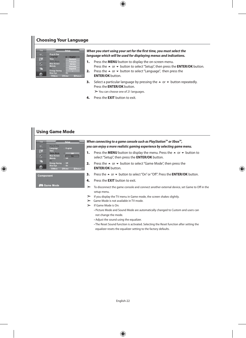 Setting the others, Choosing your language, Using game mode | Using game mode choosing your language | Samsung LE40M91B User Manual | Page 24 / 320