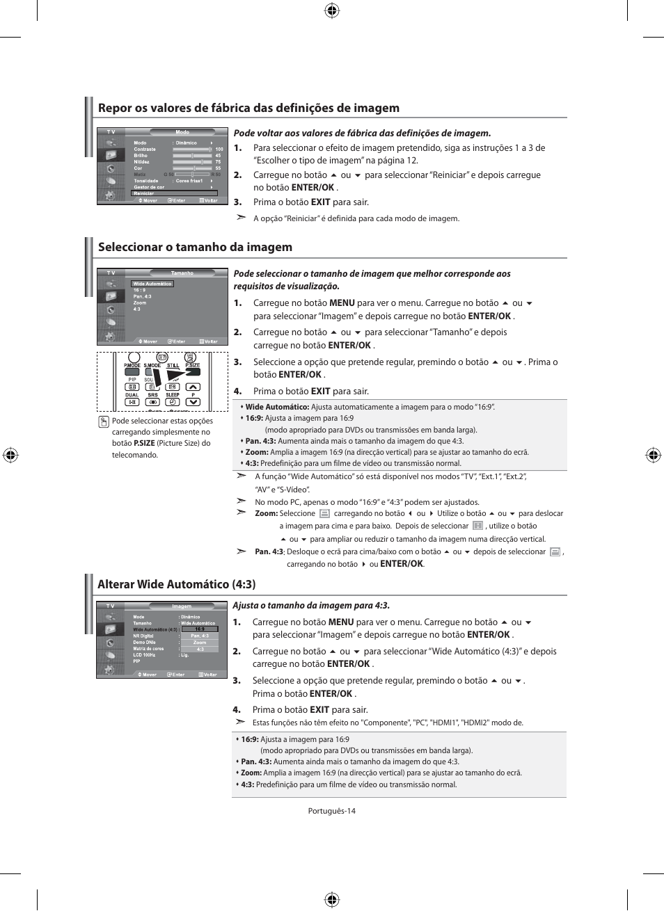 Seleccionar o tamanho da imagem, Alterar wide automático (4:3) | Samsung LE40M91B User Manual | Page 241 / 320