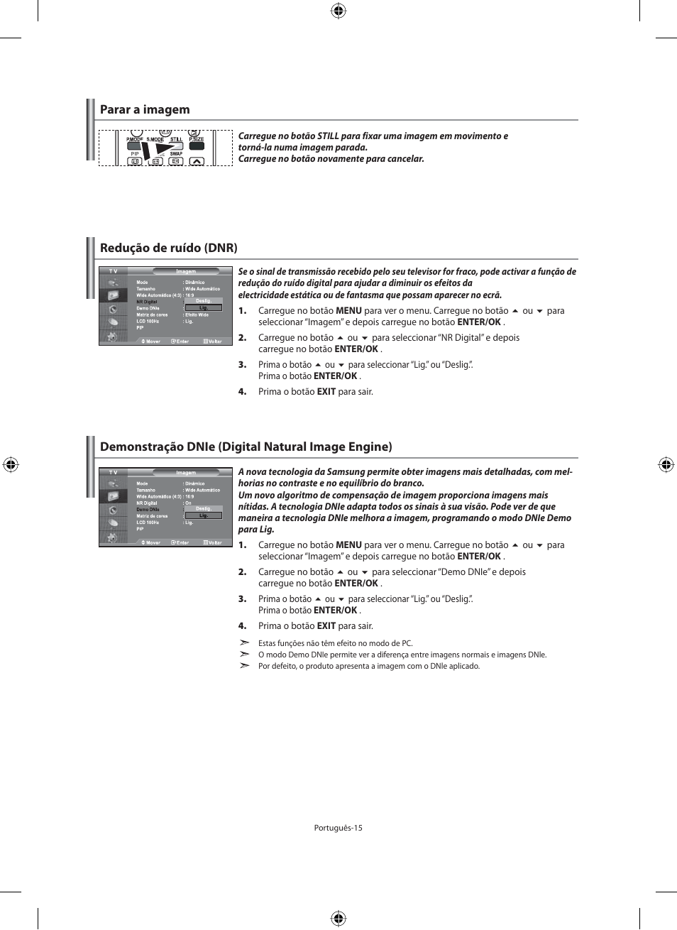 Parar a imagem, Redução de ruído (dnr), Demonstração dnie (digital natural image engine) | Samsung LE40M91B User Manual | Page 242 / 320