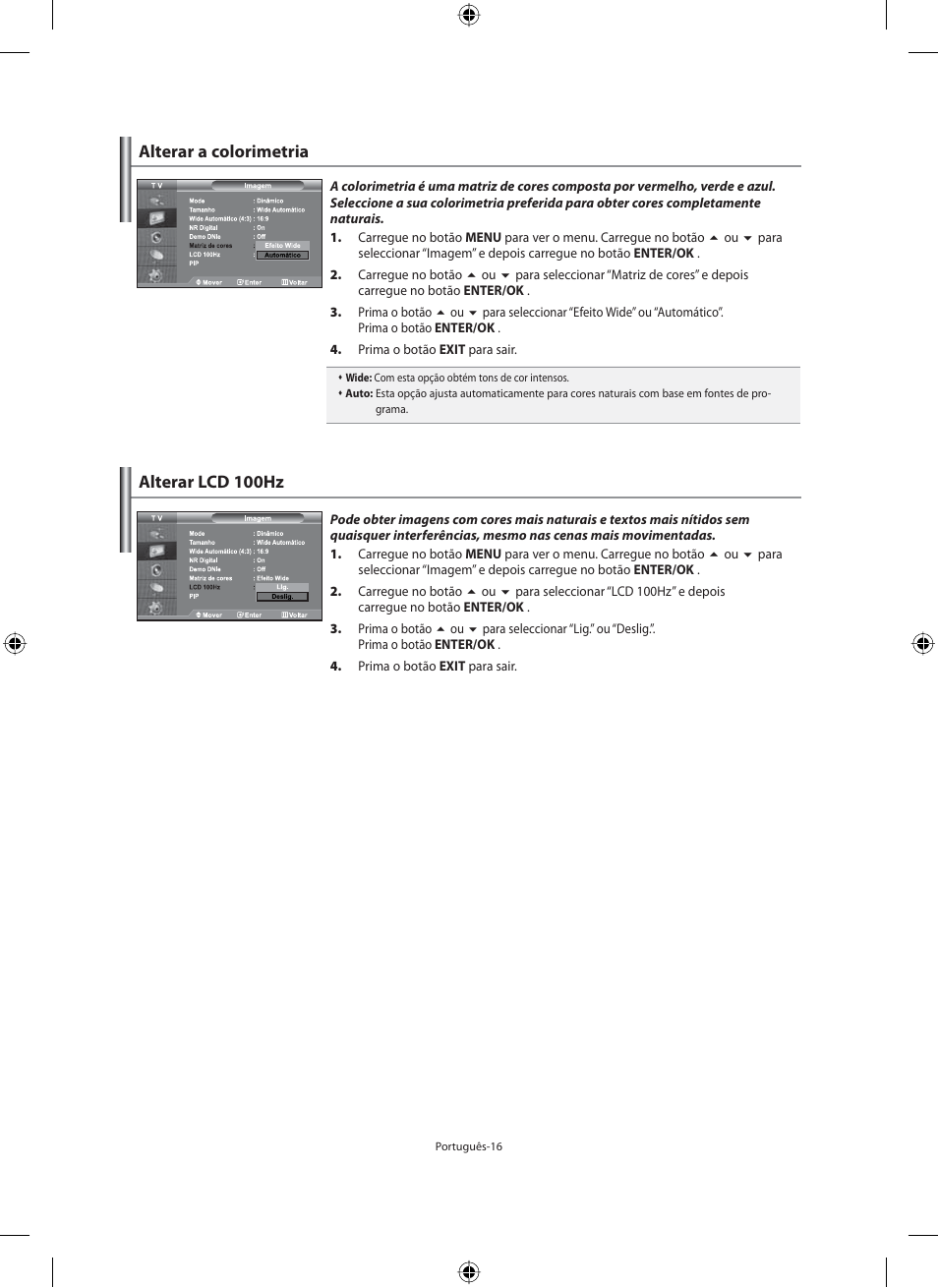 Alterar lcd 100hz, Alterar a colorimetria | Samsung LE40M91B User Manual | Page 243 / 320