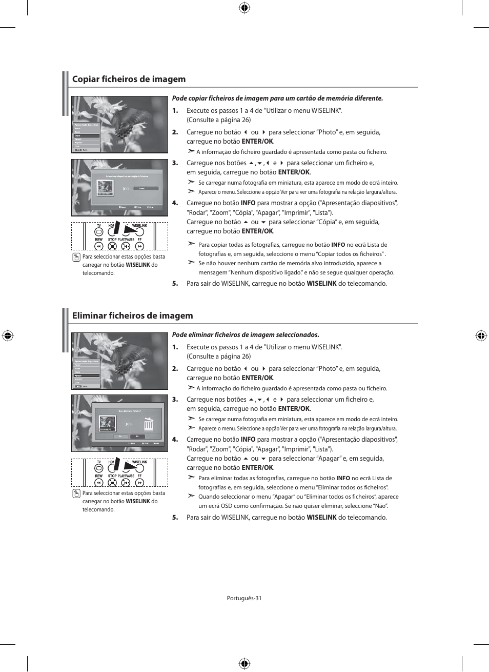 Copiar ficheiros de imagem, Eliminar ficheiros de imagem | Samsung LE40M91B User Manual | Page 258 / 320