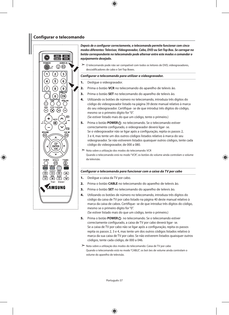 Configurar o telecomando | Samsung LE40M91B User Manual | Page 264 / 320