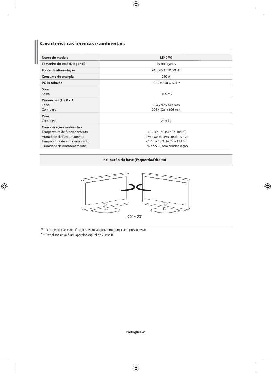 Características técnicas e ambientais | Samsung LE40M91B User Manual | Page 272 / 320