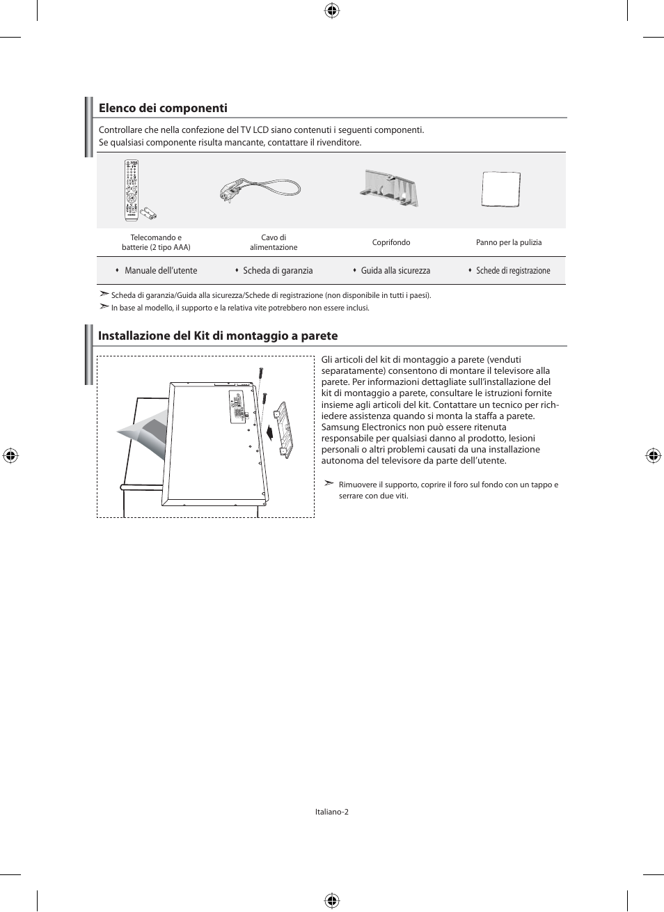 Elenco dei componenti, Installazione del kit di montaggio a parete | Samsung LE40M91B User Manual | Page 274 / 320