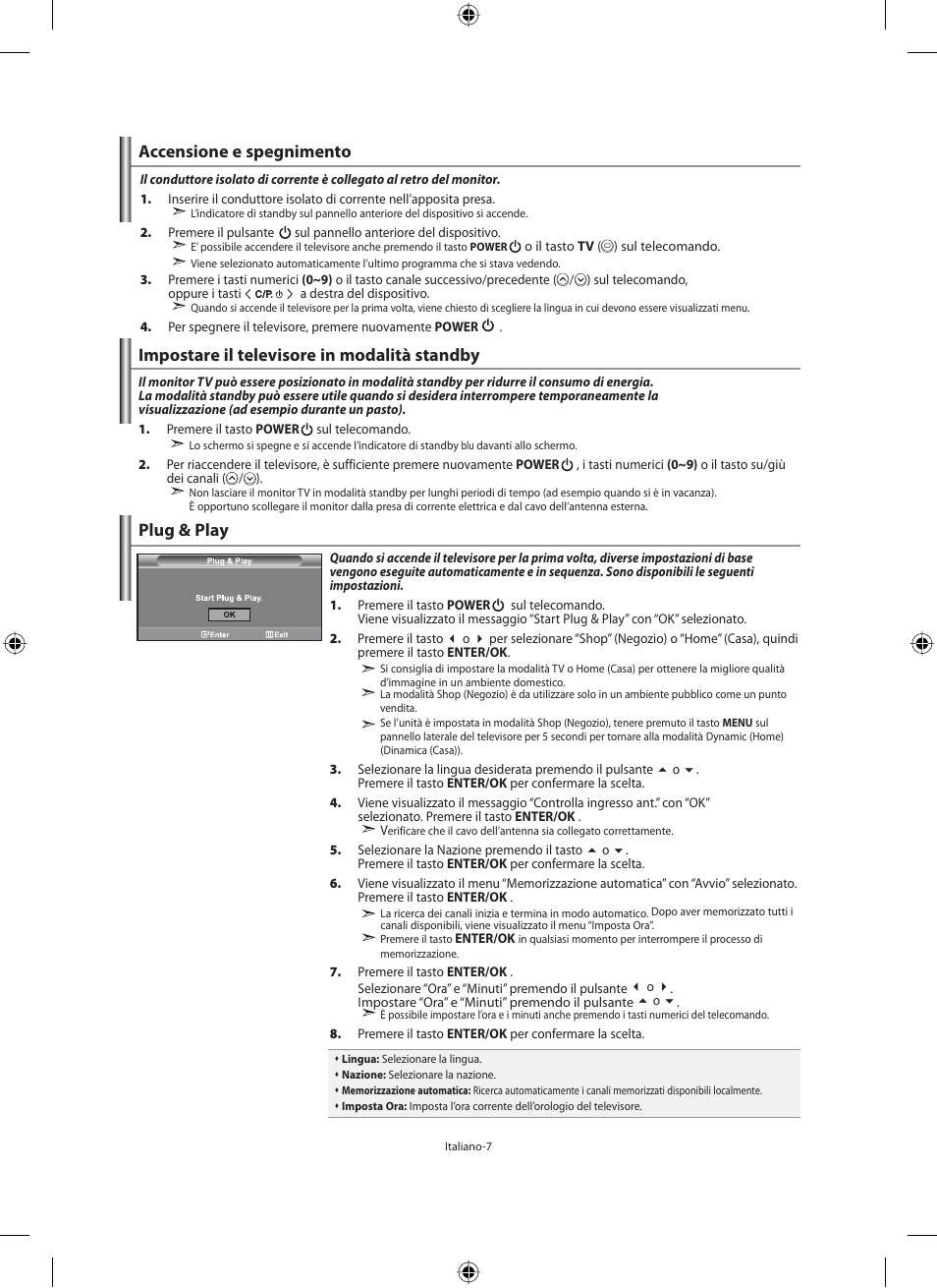 Accensione e spegnimento, Impostare il televisore in modalità standby, Plug & play | Samsung LE40M91B User Manual | Page 279 / 320