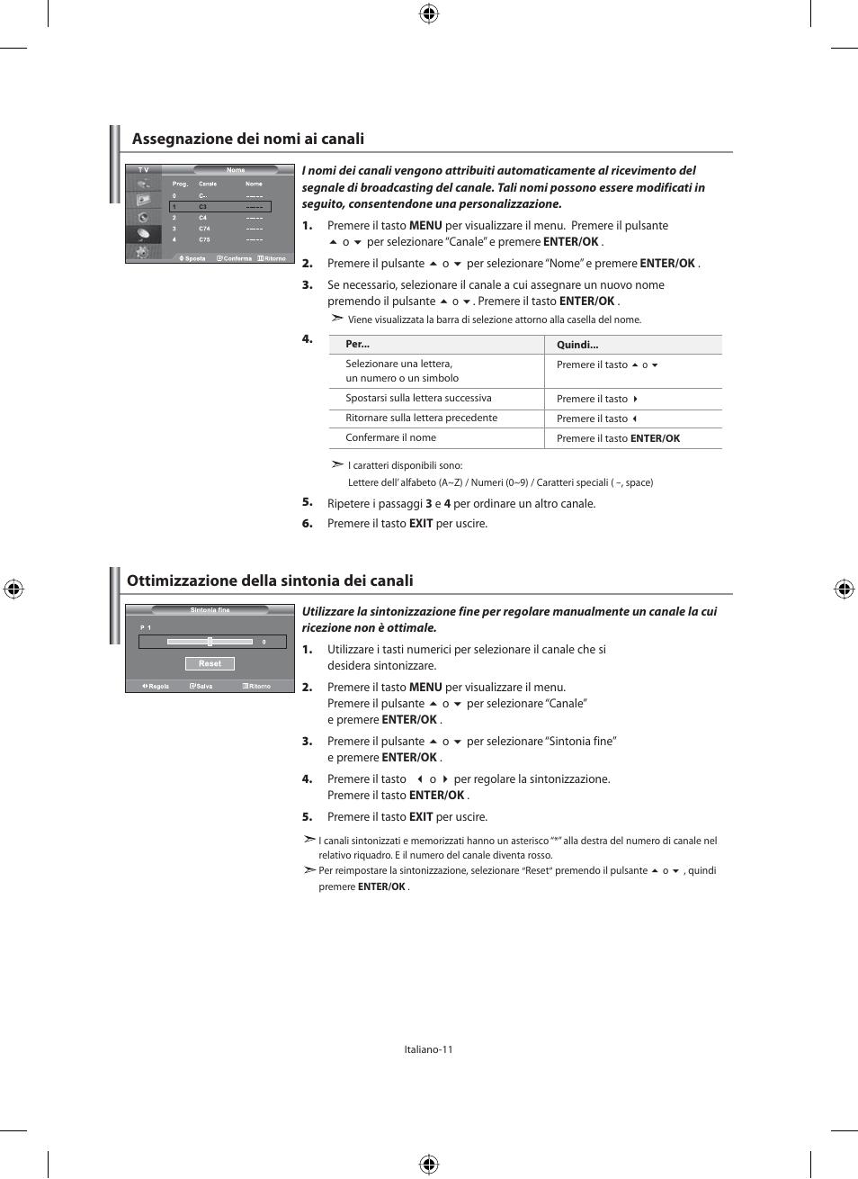 Ottimizzazione della sintonia dei canali, Assegnazione dei nomi ai canali | Samsung LE40M91B User Manual | Page 283 / 320