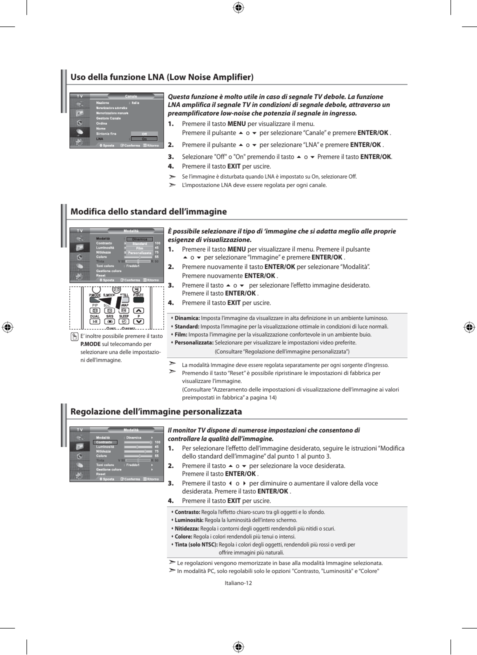 Modifica dello standard dell’immagine, Regolazione dell’immagine personalizzata, Uso della funzione lna (low noise amplifier) | Samsung LE40M91B User Manual | Page 284 / 320