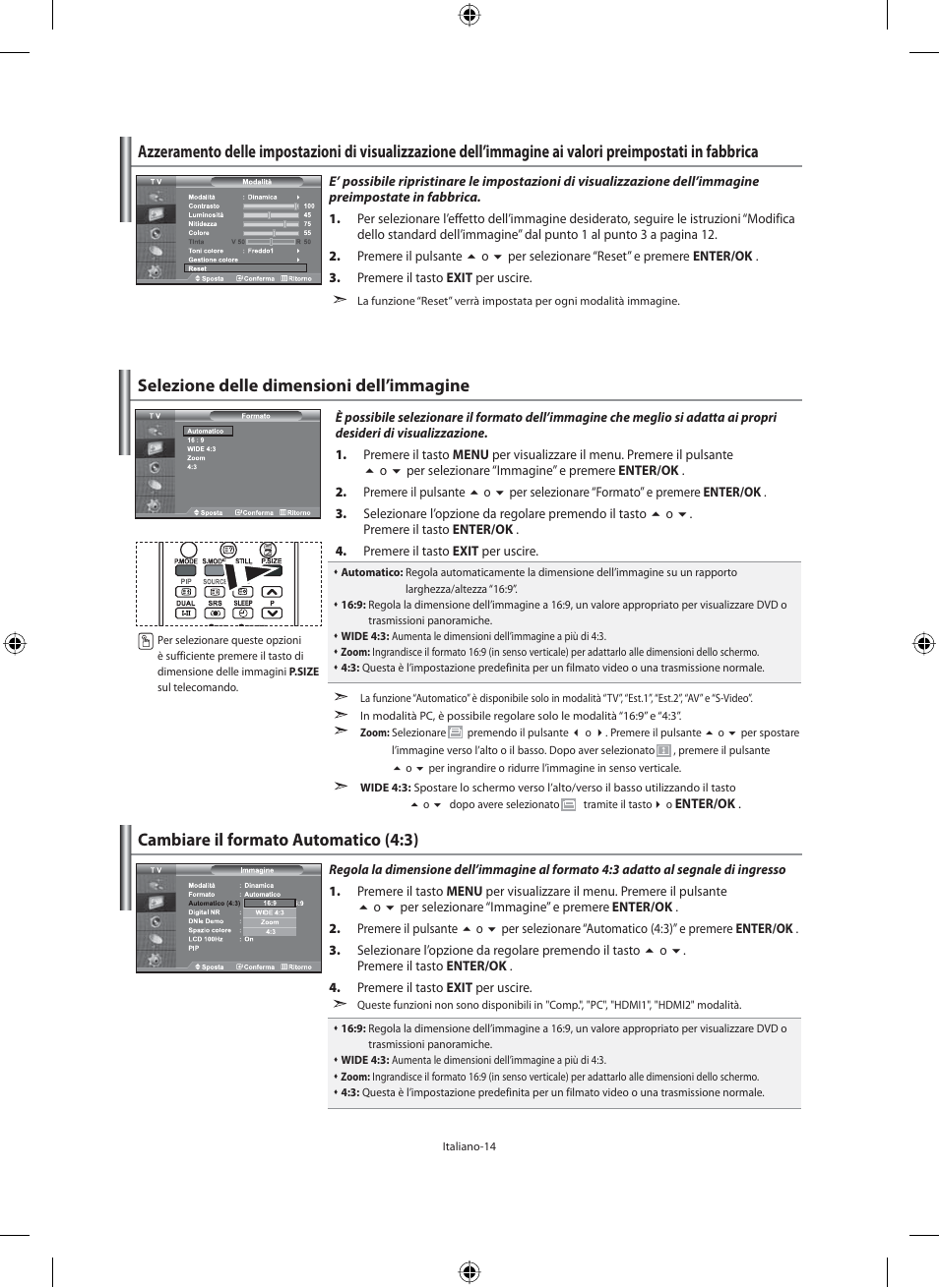 Selezione delle dimensioni dell’immagine, Cambiare il formato automatico (4:3) | Samsung LE40M91B User Manual | Page 286 / 320