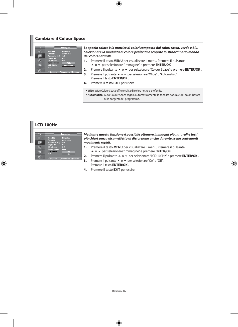 Lcd 100hz, Cambiare il colour space | Samsung LE40M91B User Manual | Page 288 / 320