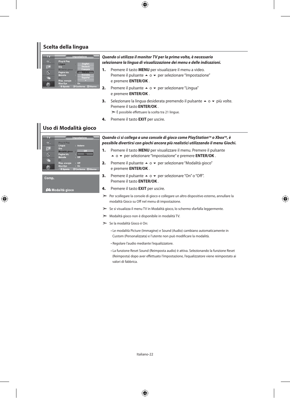 Scelta della lingua, Uso di modalità gioco | Samsung LE40M91B User Manual | Page 294 / 320