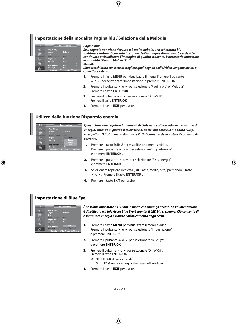 Utilizzo della funzione risparmio energia, Impostazione di blue eye | Samsung LE40M91B User Manual | Page 295 / 320