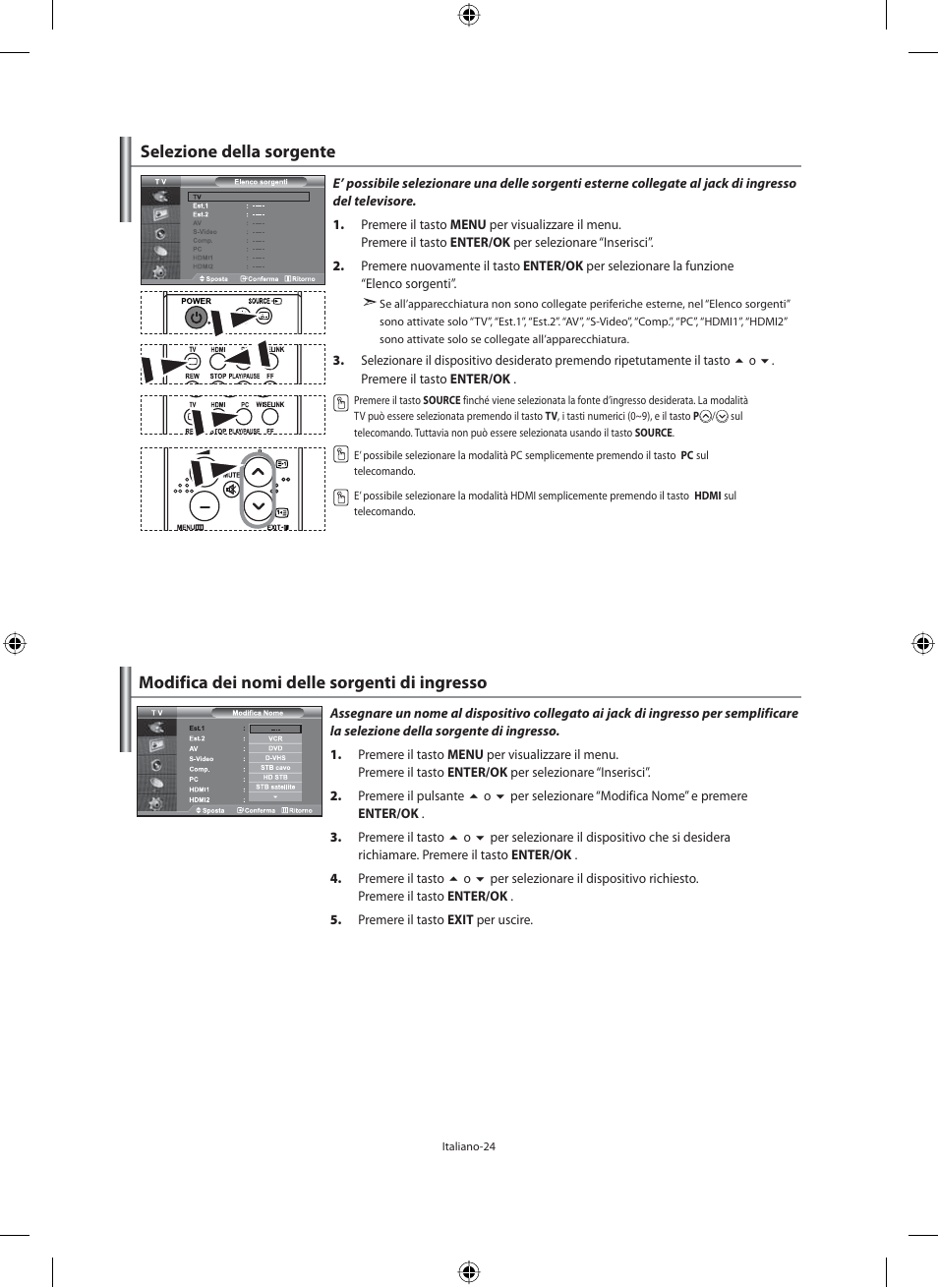 Selezione della sorgente, Modifica dei nomi delle sorgenti di ingresso | Samsung LE40M91B User Manual | Page 296 / 320