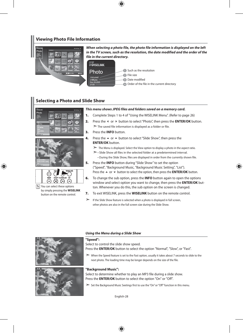 Viewing photo file information, Selecting a photo and slide show | Samsung LE40M91B User Manual | Page 30 / 320