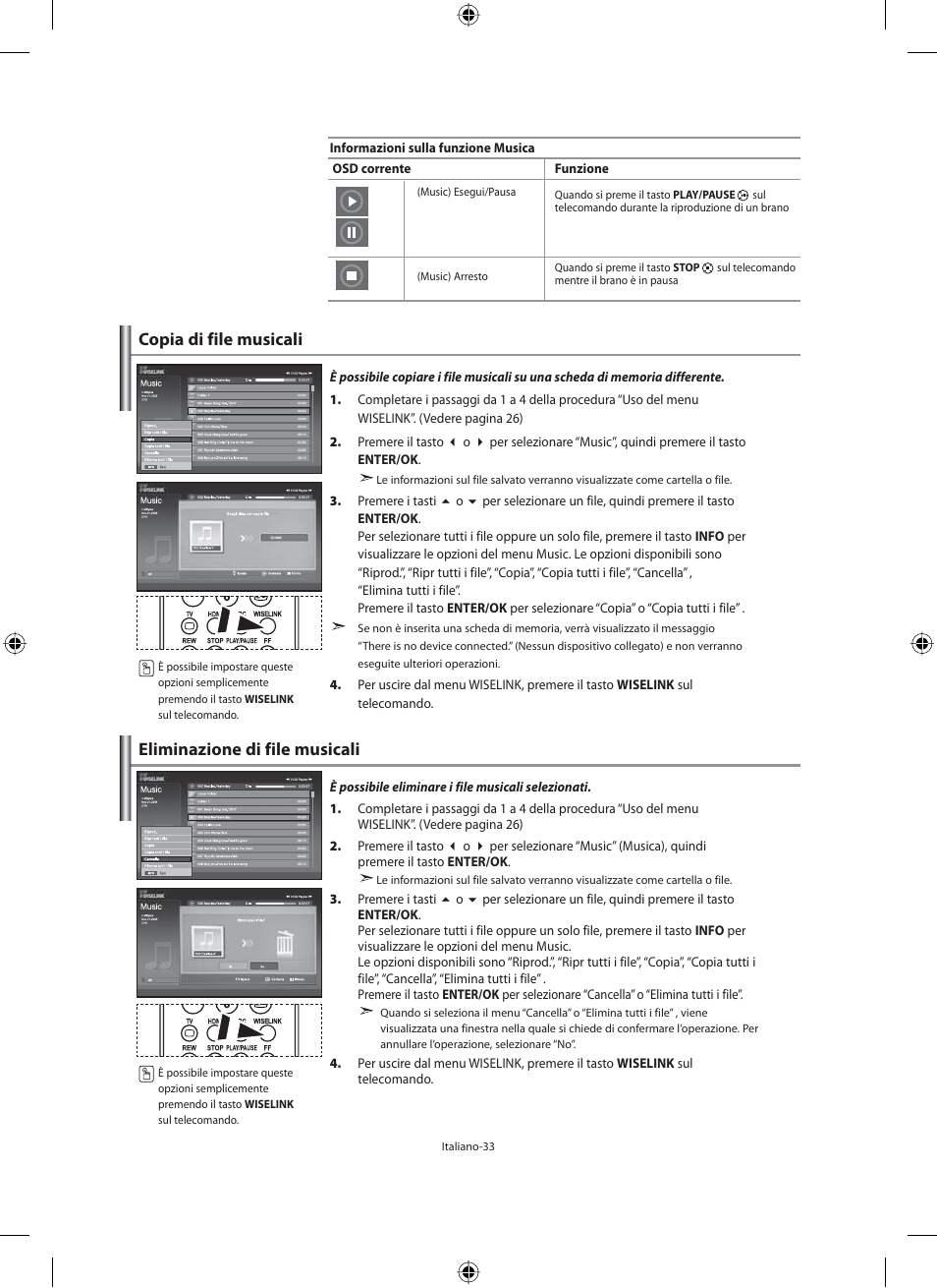 Copia di file musicali, Eliminazione di file musicali | Samsung LE40M91B User Manual | Page 305 / 320