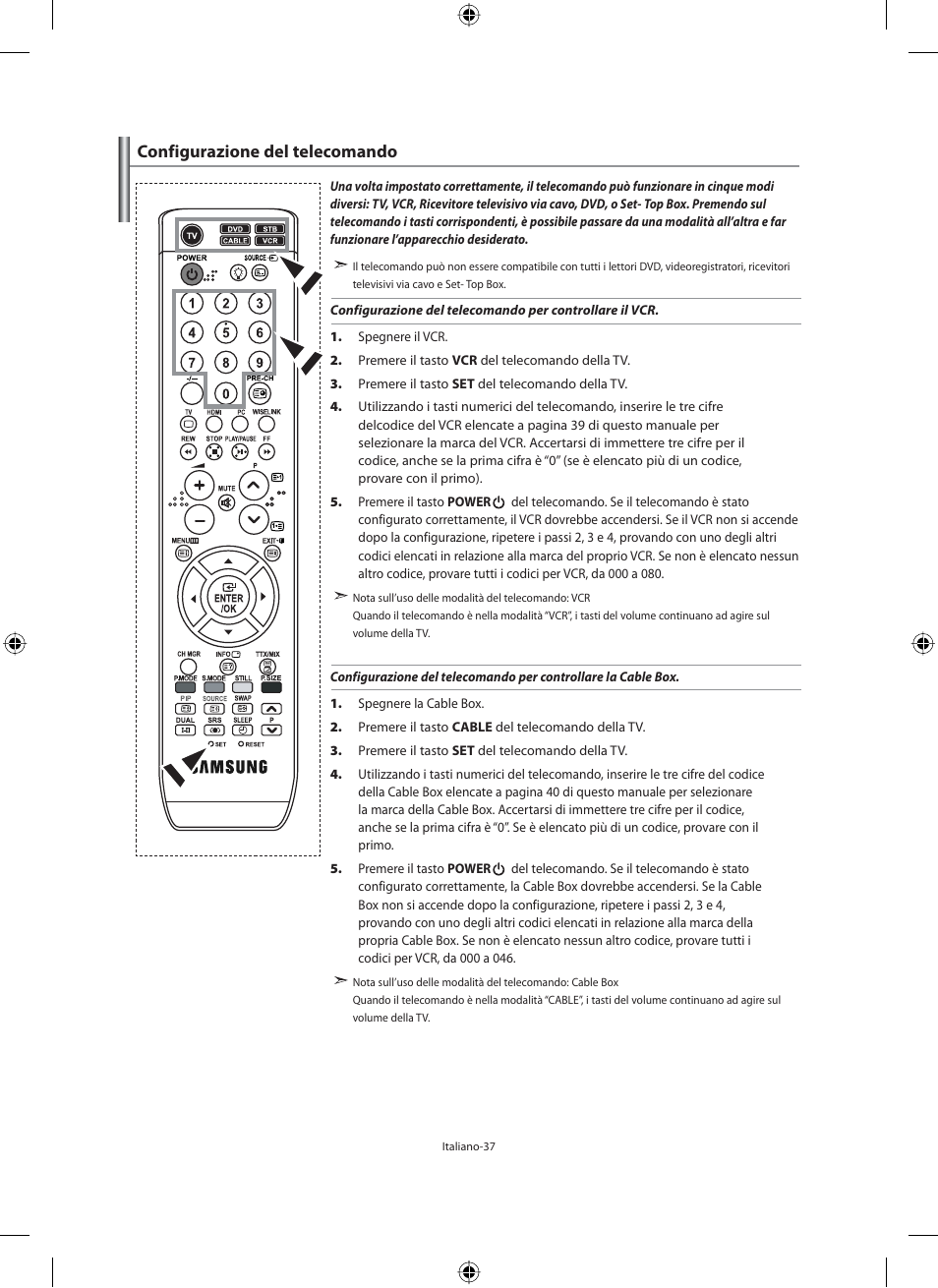 Configurazione del telecomando | Samsung LE40M91B User Manual | Page 309 / 320