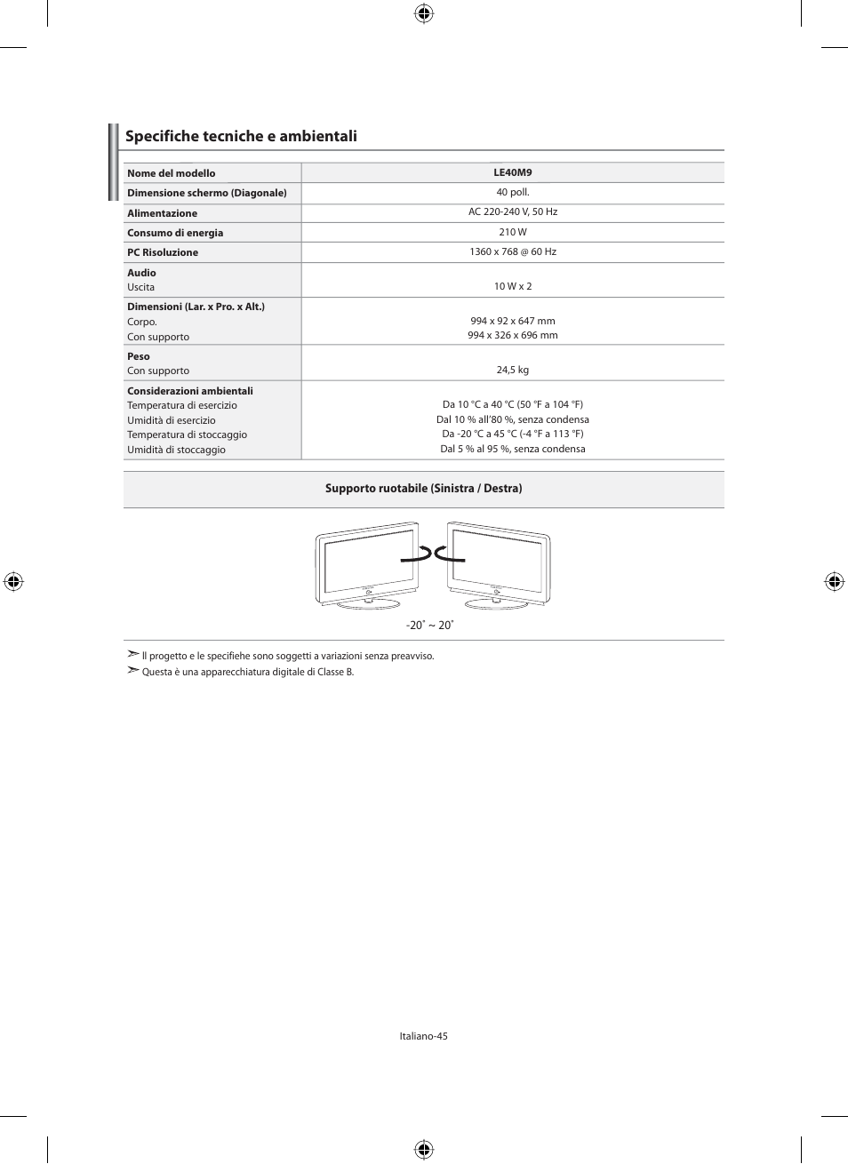 Specifiche tecniche e ambientali | Samsung LE40M91B User Manual | Page 317 / 320