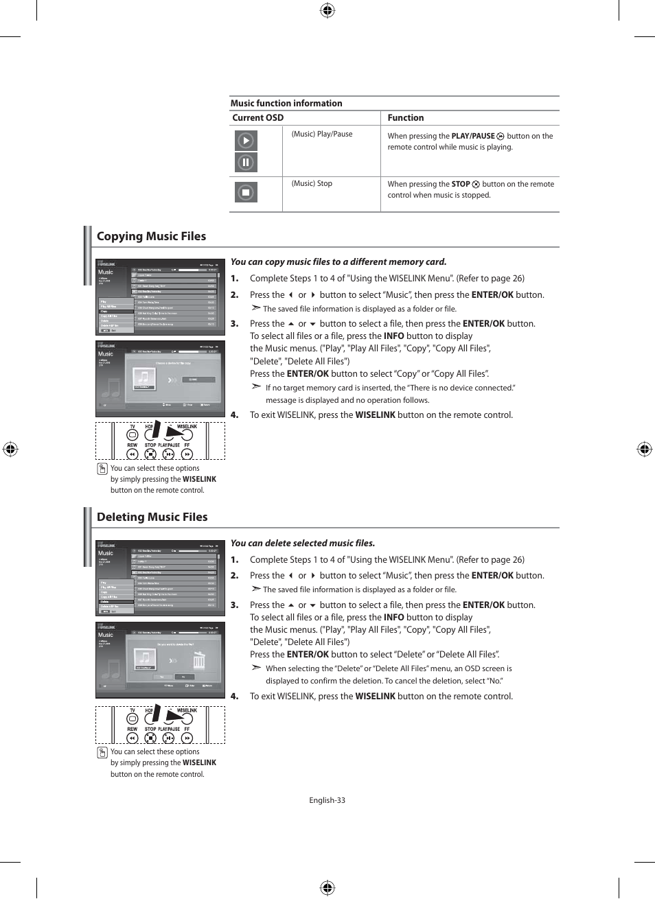 Copying music files, Deleting music files | Samsung LE40M91B User Manual | Page 35 / 320