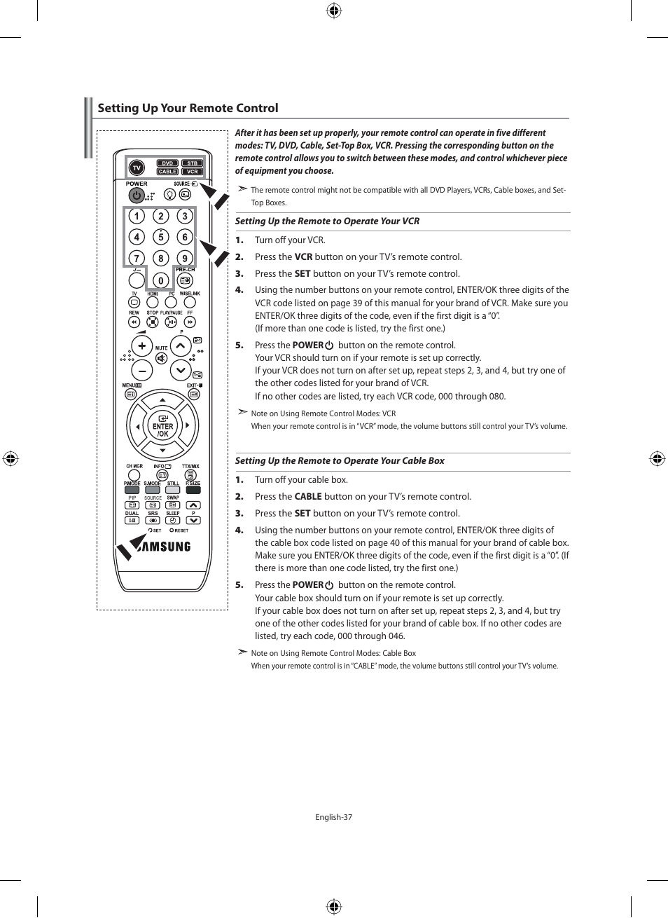 Setting up your remote control | Samsung LE40M91B User Manual | Page 39 / 320