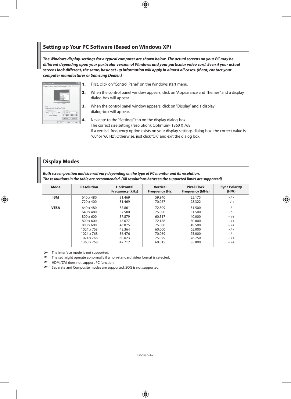 Setting the pc, Setting up your pc software (based on windows xp), Display modes | Samsung LE40M91B User Manual | Page 44 / 320