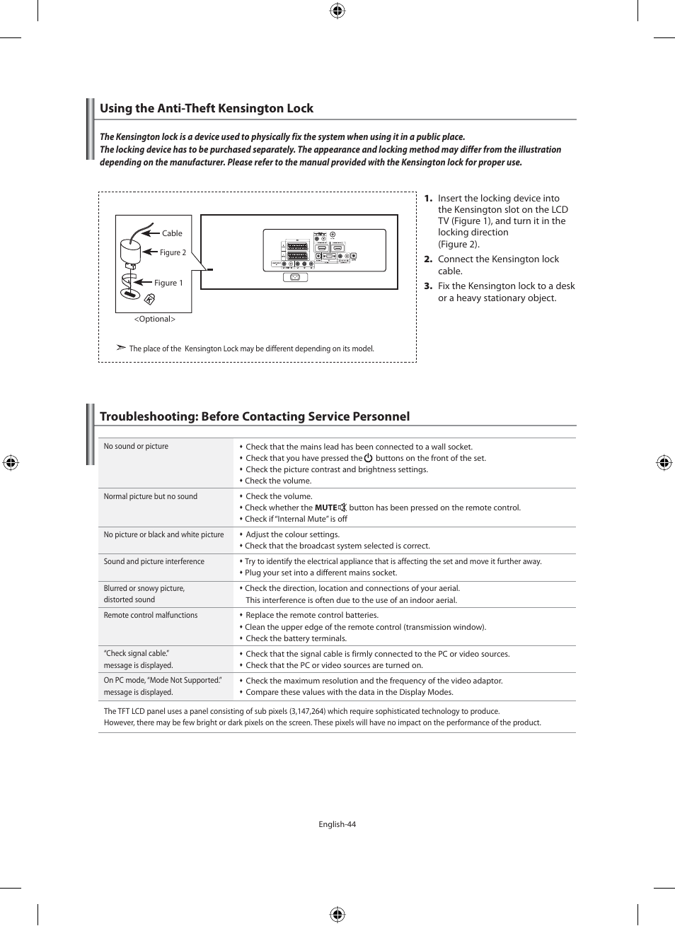 Recommendations for use, Using the anti-theft kensington lock | Samsung LE40M91B User Manual | Page 46 / 320