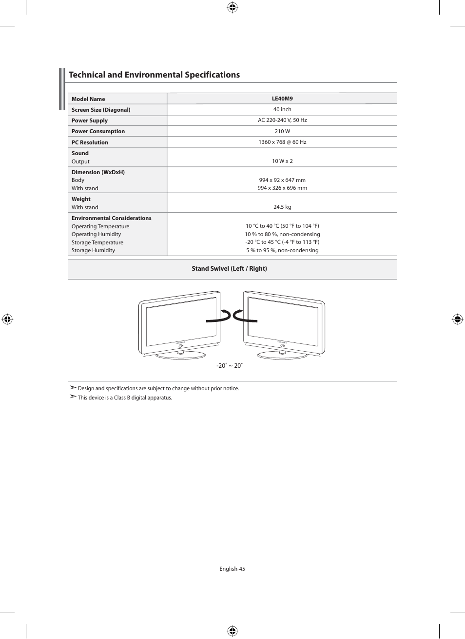 Technical and environmental specifications | Samsung LE40M91B User Manual | Page 47 / 320