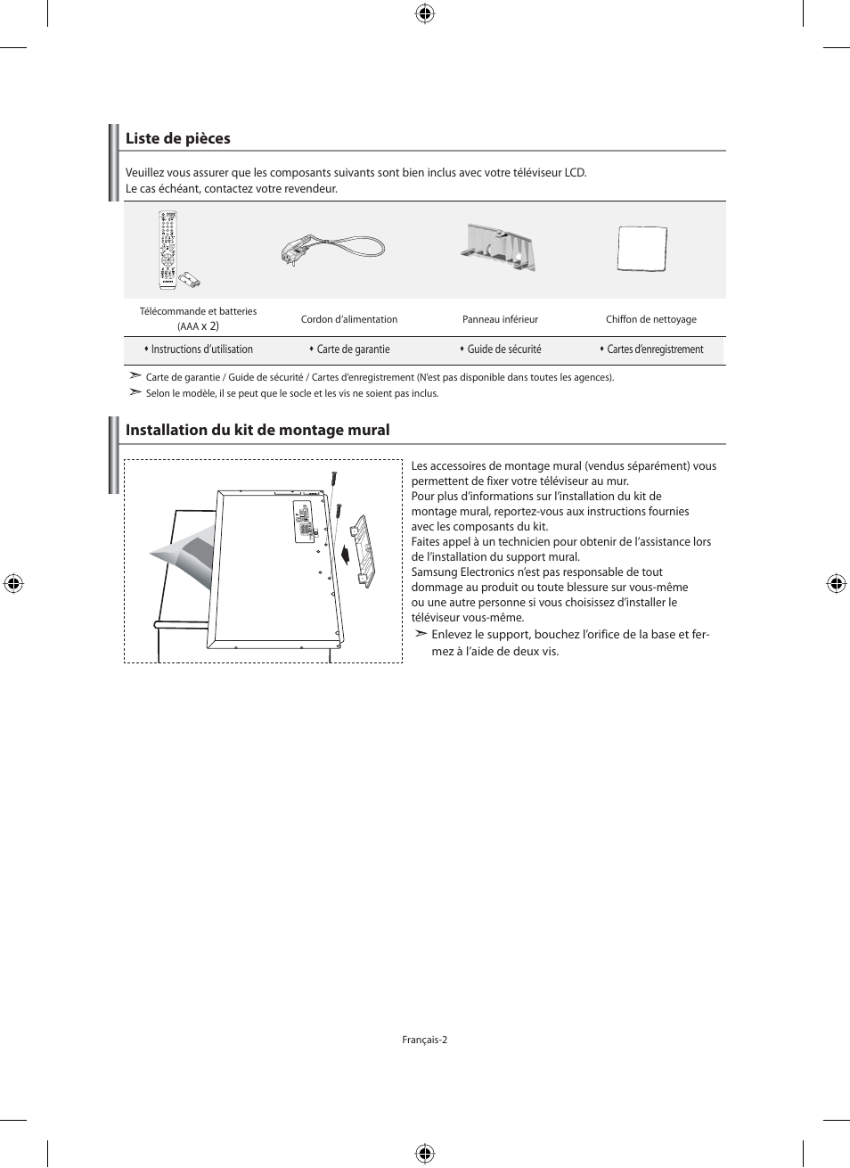Liste de pièces, Installation du kit de montage mural | Samsung LE40M91B User Manual | Page 49 / 320