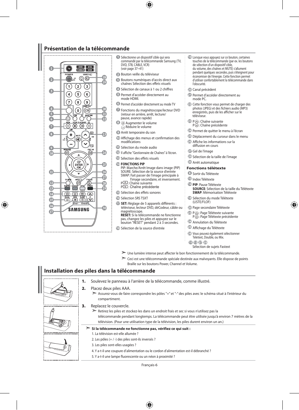 Installation des piles dans la télécommande, Présentation de la télécommande | Samsung LE40M91B User Manual | Page 53 / 320