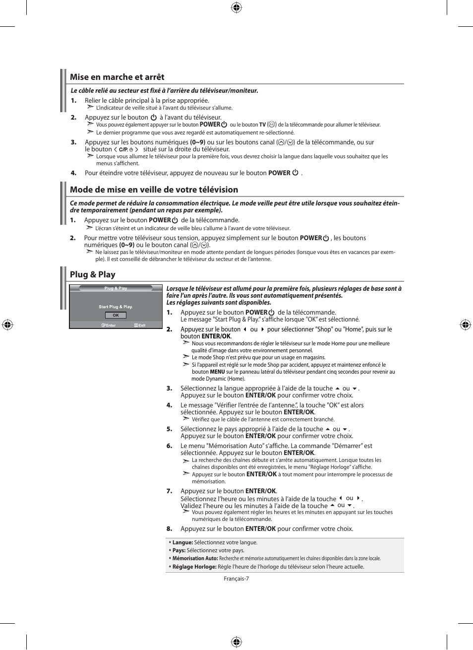 Mise en marche et arrêt, Mode de mise en veille de votre télévision, Plug & play | Samsung LE40M91B User Manual | Page 54 / 320