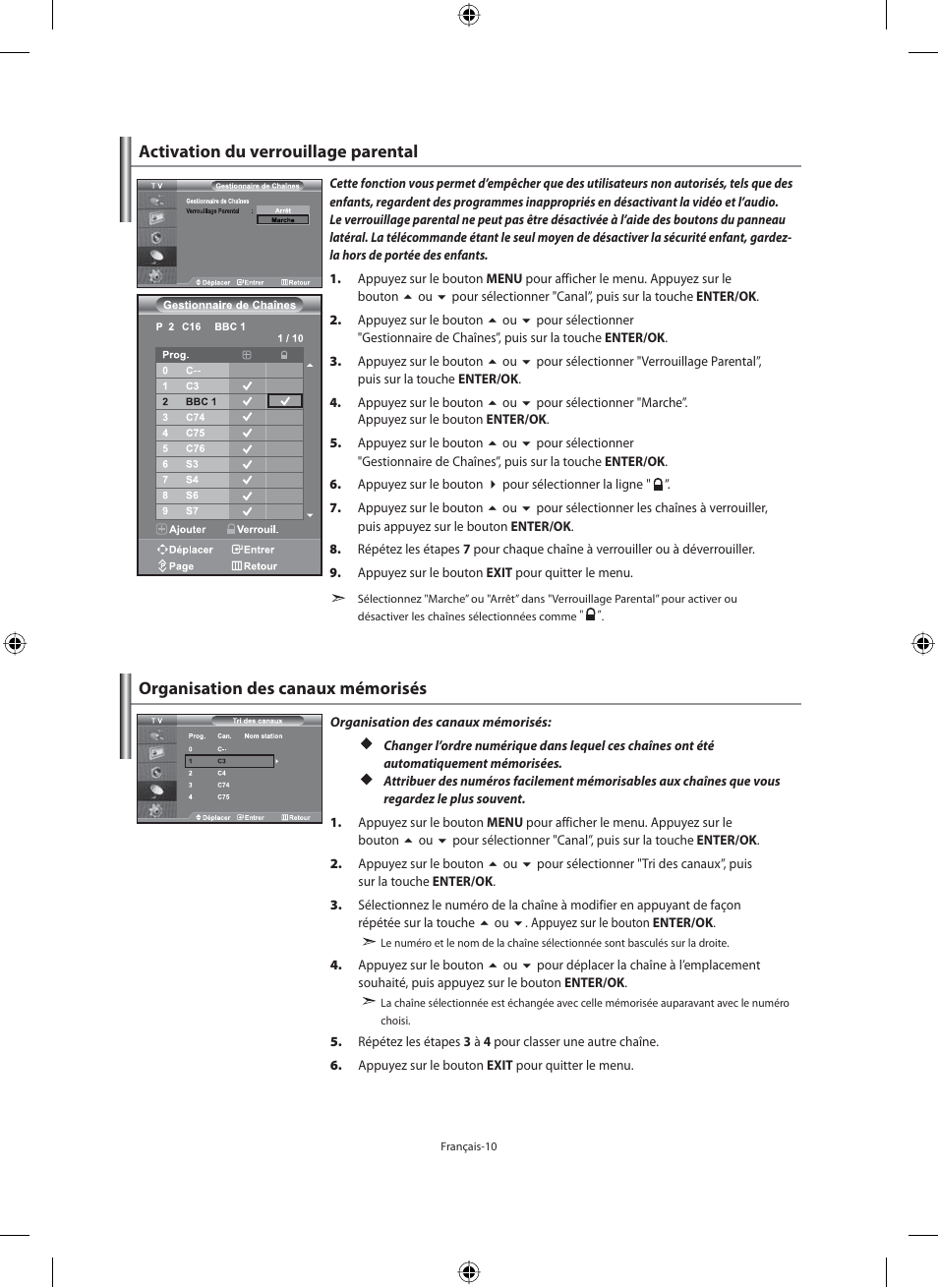 Organisation des canaux mémorisés, Activation du verrouillage parental | Samsung LE40M91B User Manual | Page 57 / 320