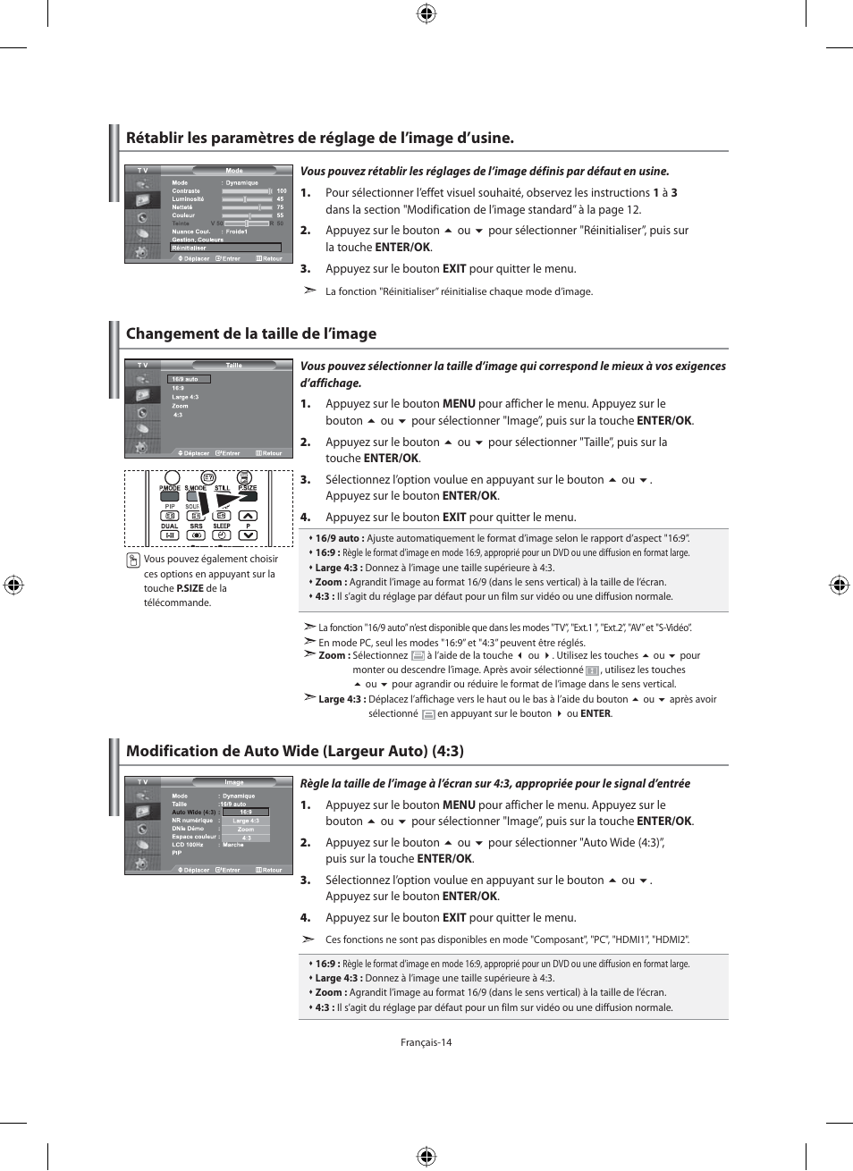 Changement de la taille de l’image, Modification de auto wide (largeur auto) (4:3) | Samsung LE40M91B User Manual | Page 61 / 320