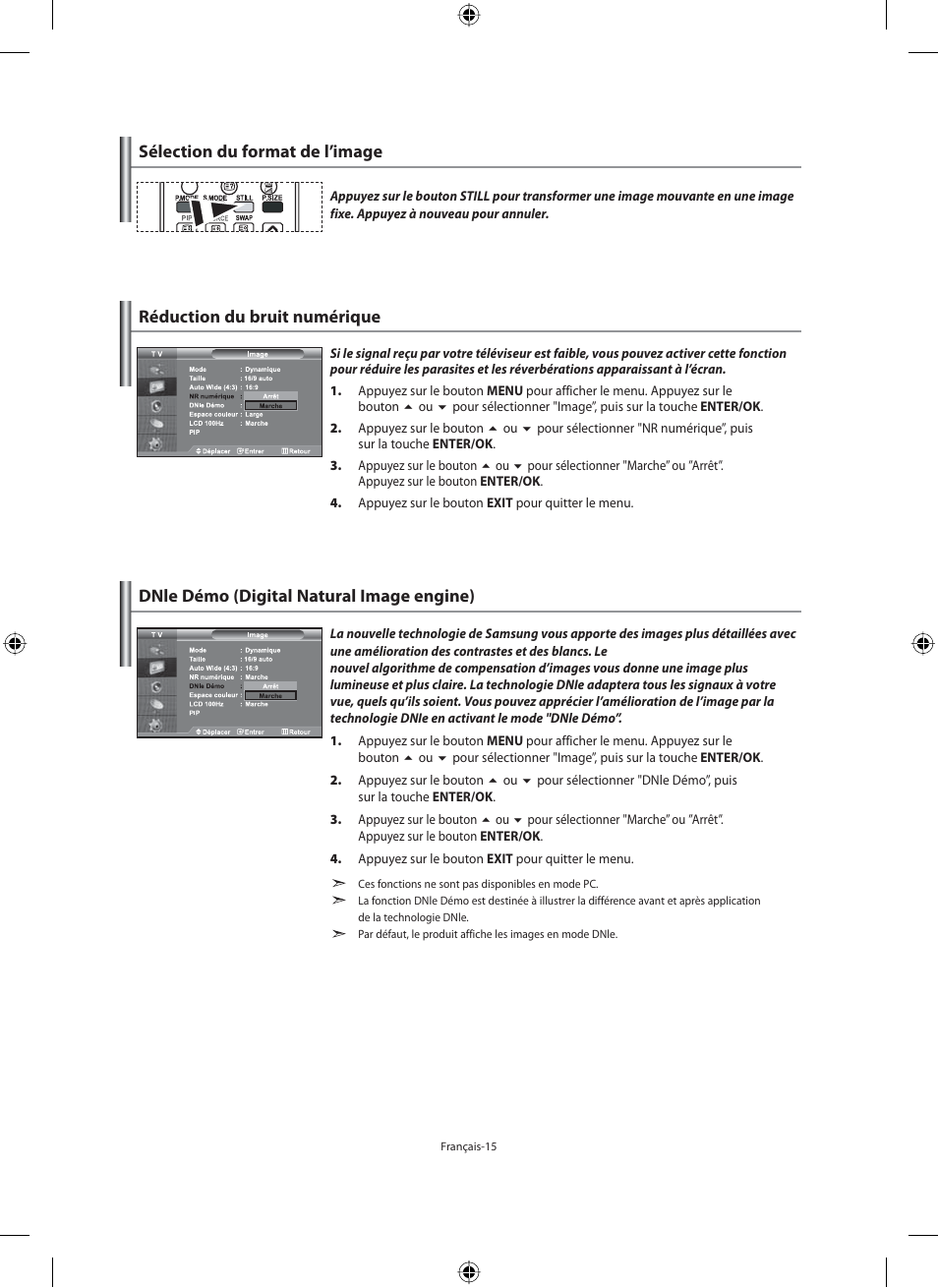 Sélection du format de l’image, Réduction du bruit numérique, Dnle démo (digital natural image engine) | Samsung LE40M91B User Manual | Page 62 / 320