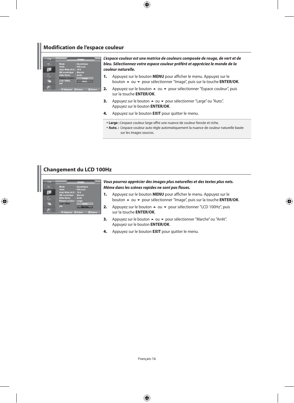 Modification de l’espace couleur, Changement du lcd 100hz | Samsung LE40M91B User Manual | Page 63 / 320