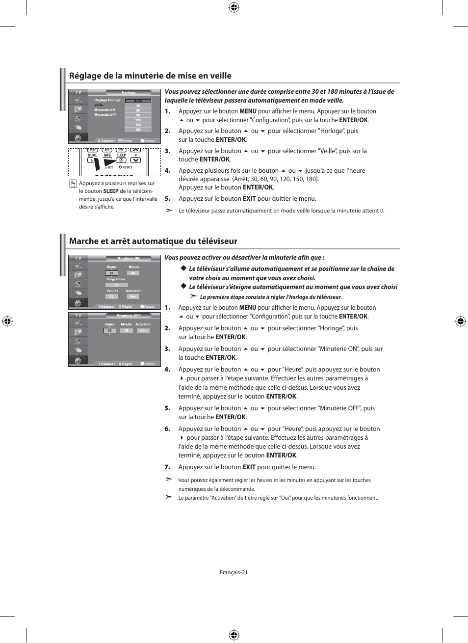 Réglage de la minuterie de mise en veille, Marche et arrêt automatique du téléviseur | Samsung LE40M91B User Manual | Page 68 / 320