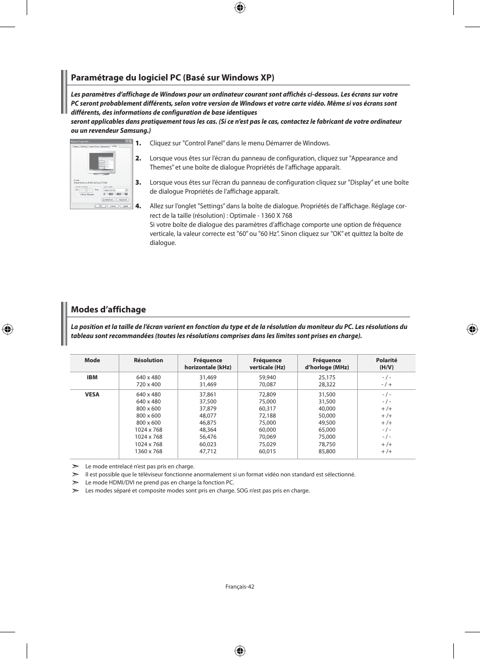 Paramétrage du logiciel pc (basé sur windows xp), Modes d’affichage | Samsung LE40M91B User Manual | Page 89 / 320