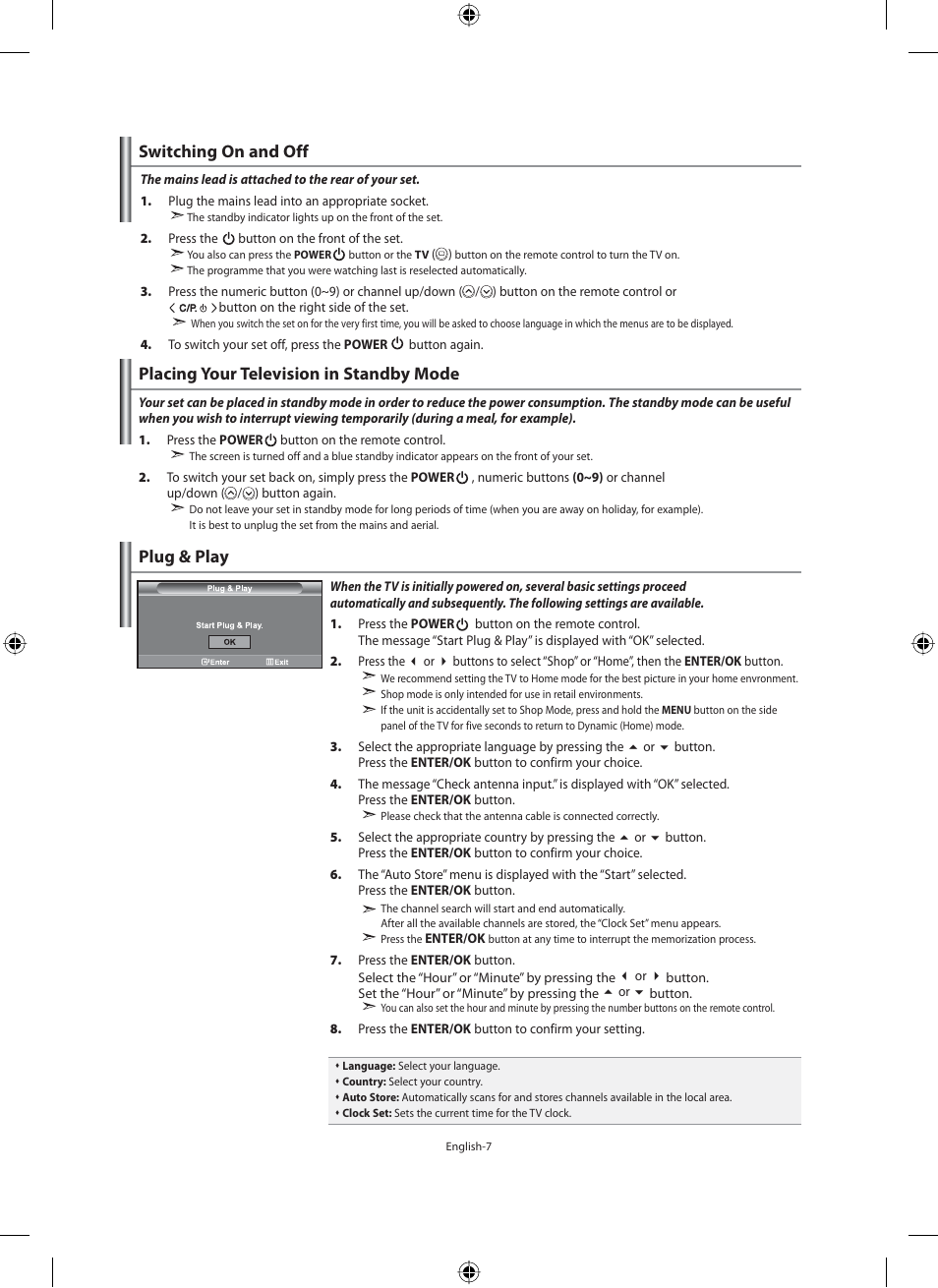 Switching on and off, Placing your television in standby mode, Plug & play | Samsung LE40M91B User Manual | Page 9 / 320