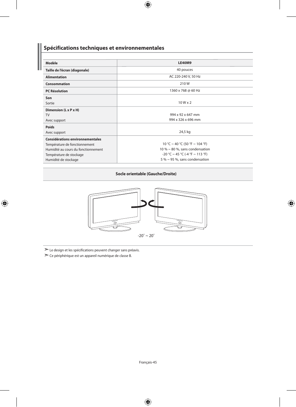 Spécifications techniques et environnementales | Samsung LE40M91B User Manual | Page 92 / 320