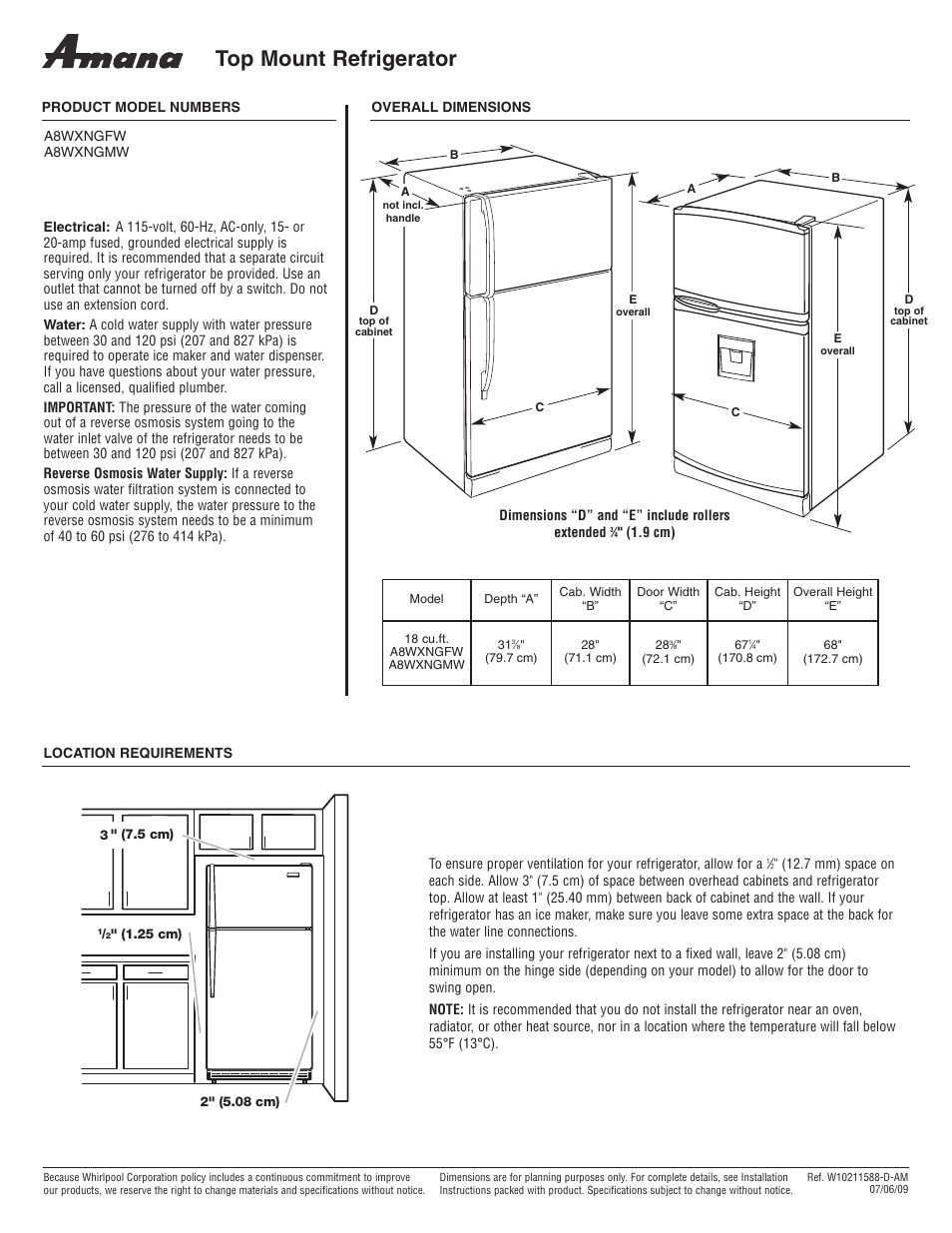 Amana A8WXNGFW User Manual | 1 page