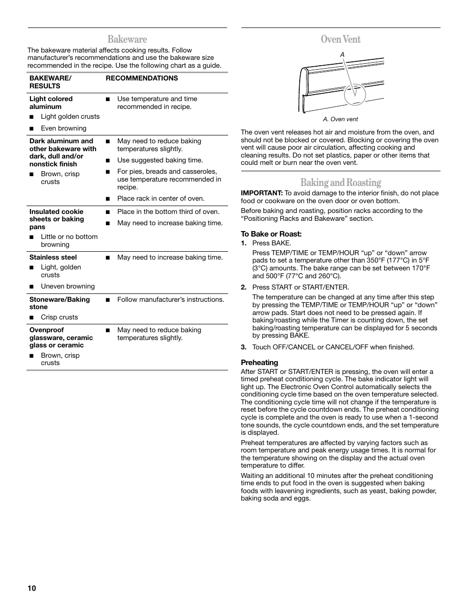Bakeware, Oven vent, Baking and roasting | Amana AGR4422VDW User Manual | Page 10 / 32
