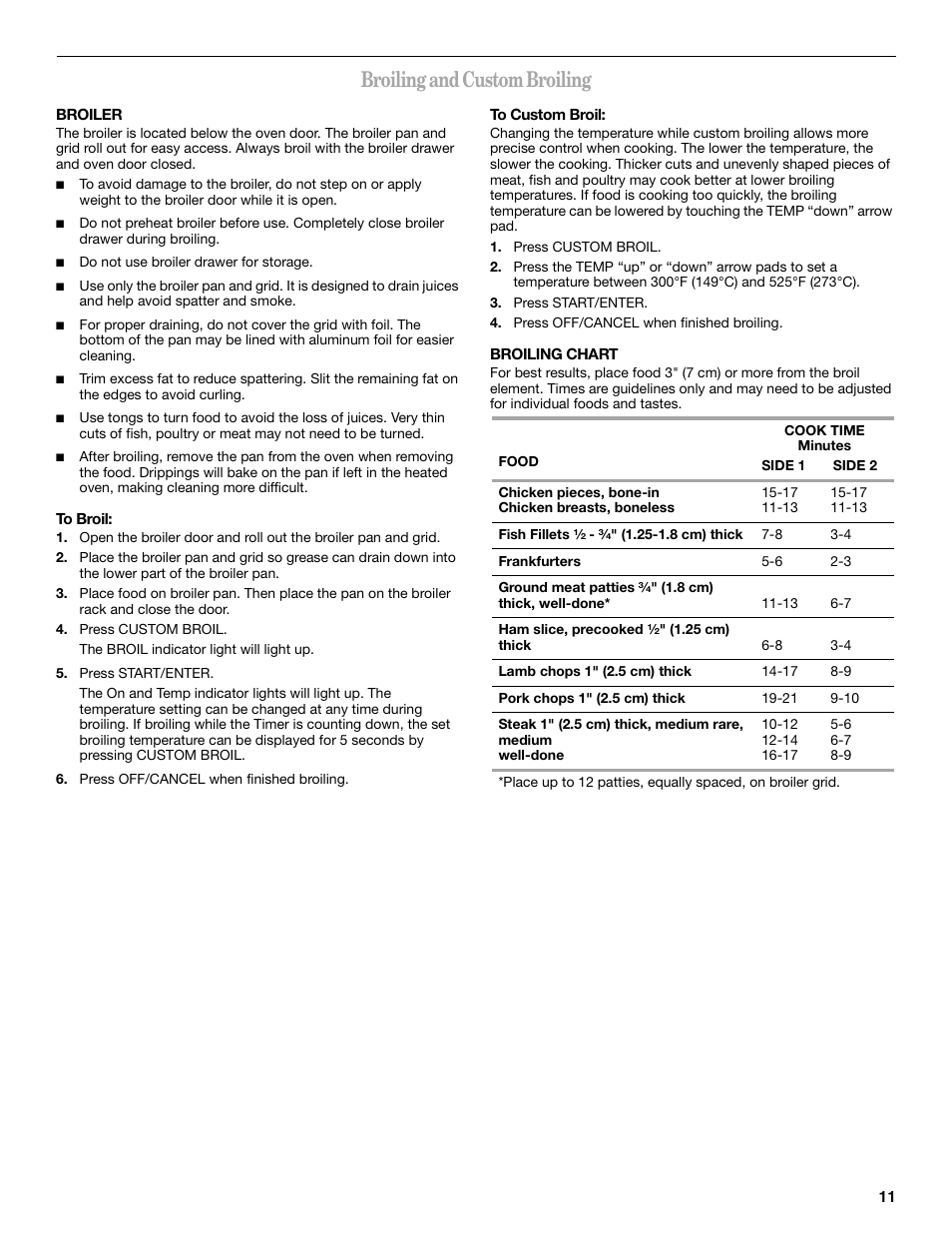 Broiling and custom broiling | Amana AGR4422VDW User Manual | Page 11 / 32